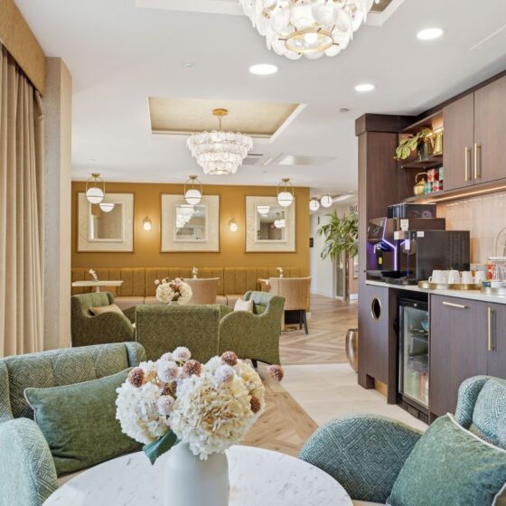 Stylish lounge and café area at Heathview Rose care home in Shirley, with comfortable seating and refreshments