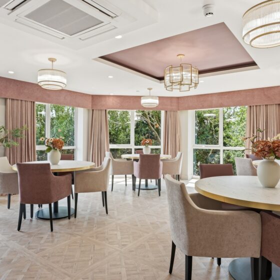 spacious dining room with garden views