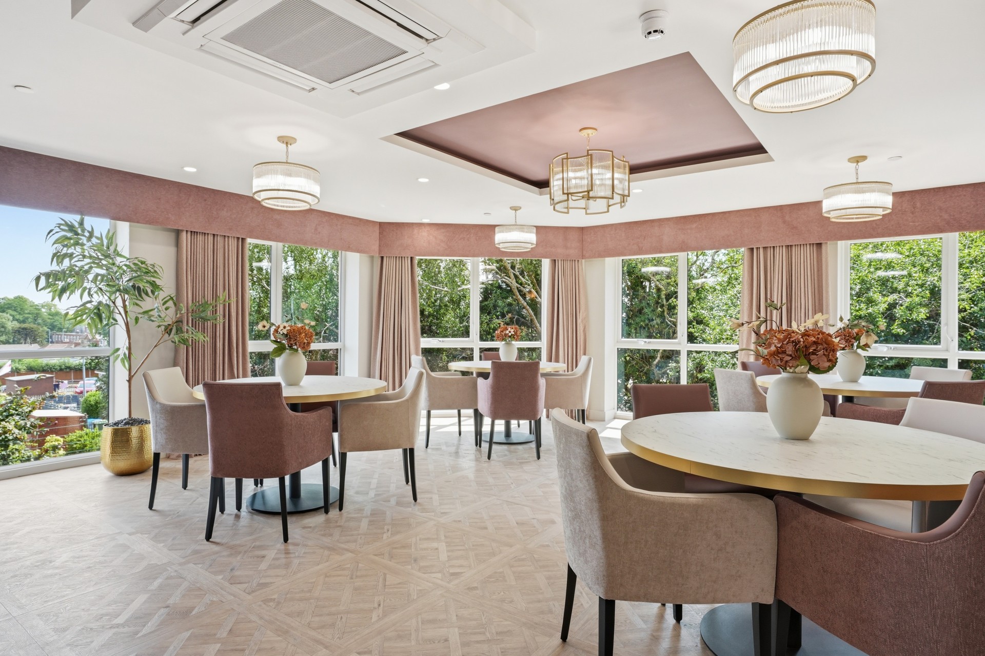 spacious dining room with garden views